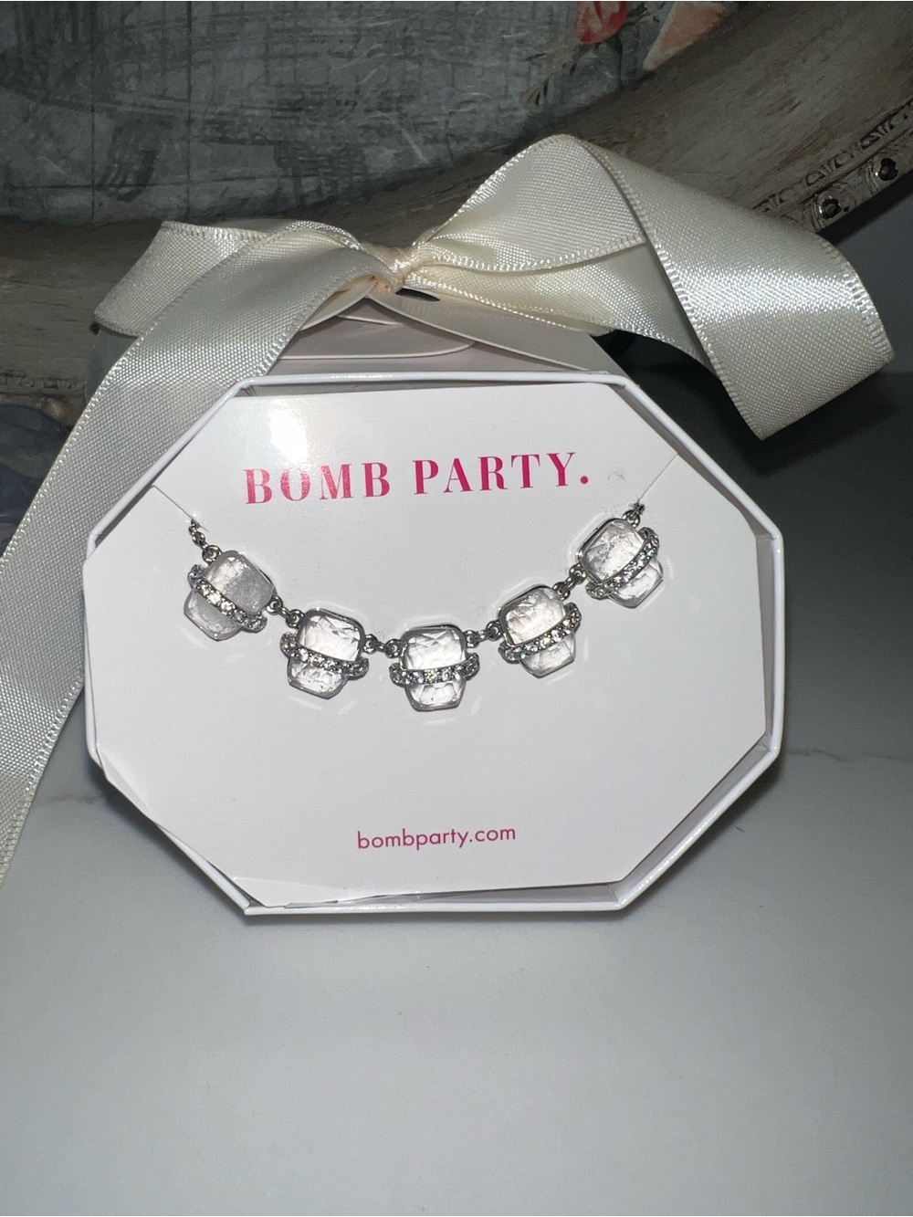 Bomb Party Silver Crystal Link Necklace - White